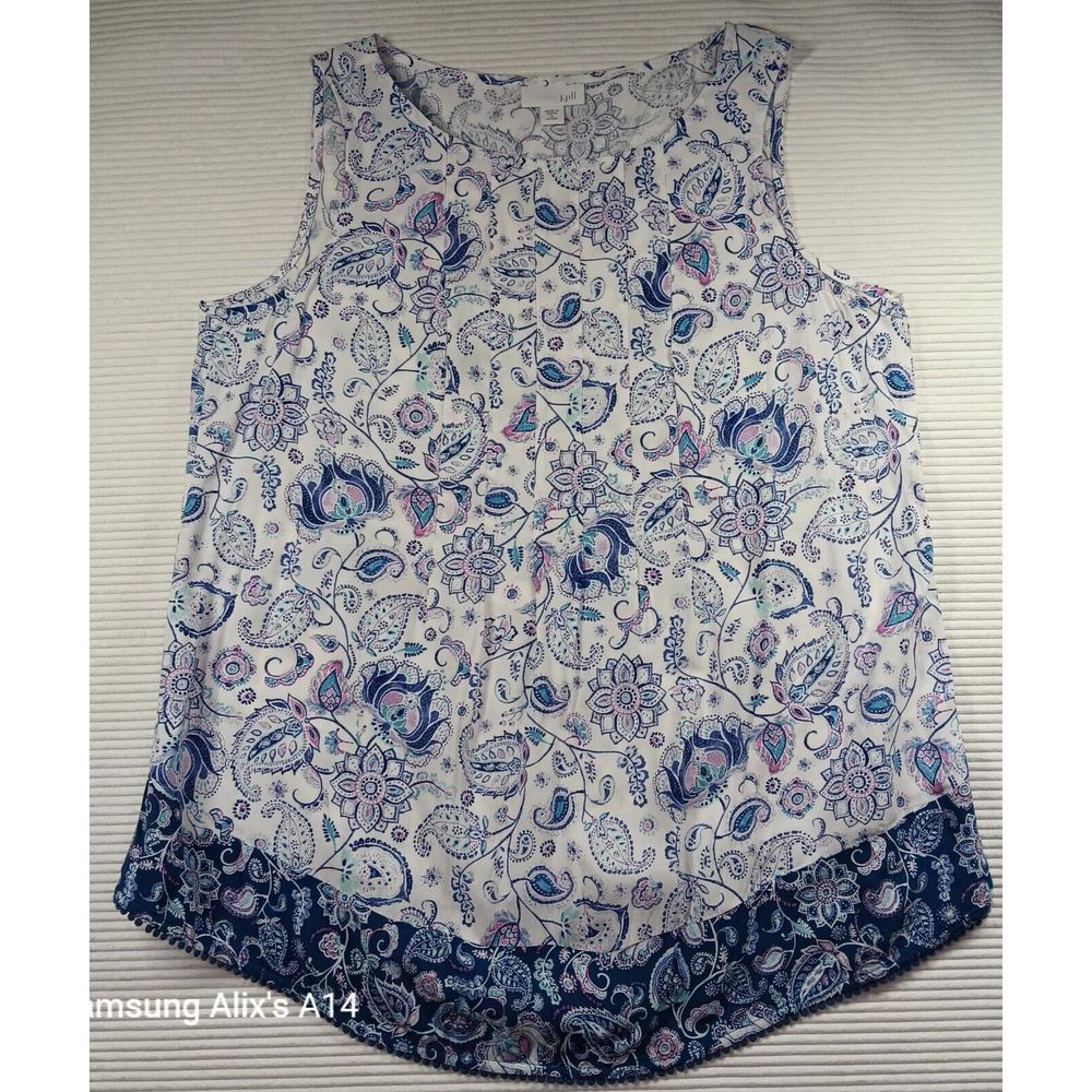 J‎ Jill Women Pom-Pom Sleeveless Tank Top Shirt Floral Size S Petite Blue